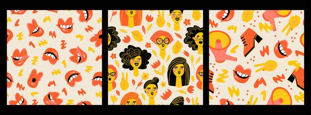 Set naadloze vectorpatronen voor Internationale Vrouwendag met verschillende portretten van meisjes, lippen en megafoons. Gestileerde texturen - Vector, afbeelding
