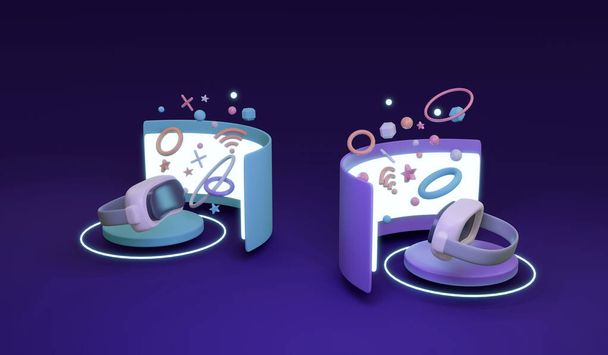 3D Rendering of metaverse VR glasses with podium curve screen and neon light on background concept future technology gaming virtual reality platform. 3D render illustration cartoon style. - Photo, Image