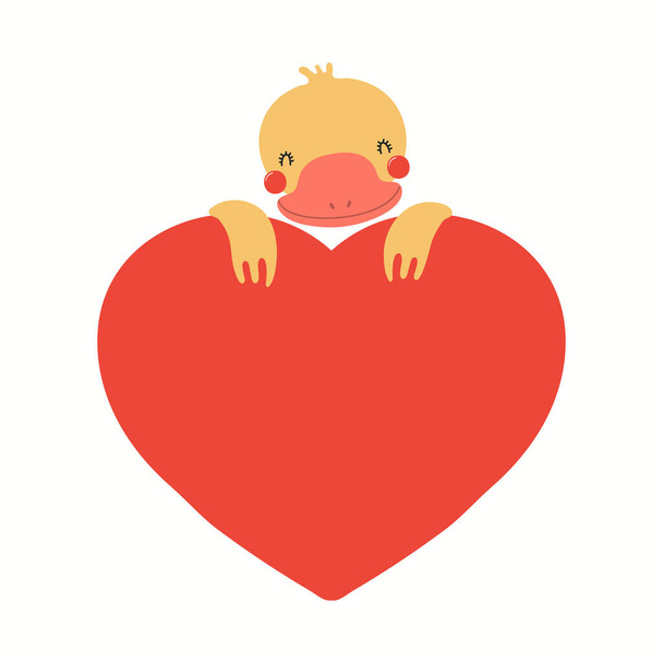 Cute funny duck holding a big heart, isolated - Вектор,изображение