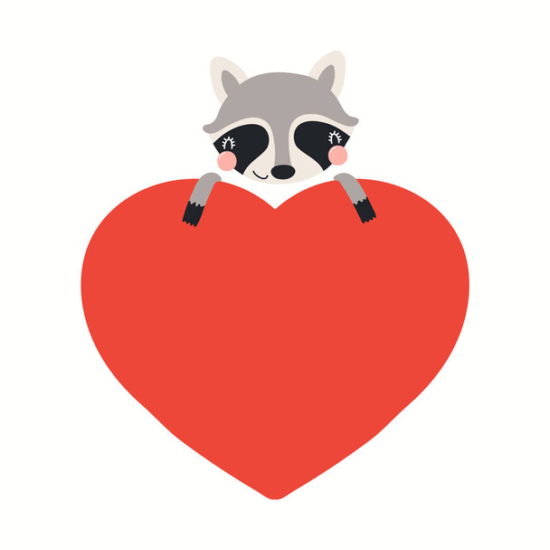 Lindo mapache divertido sosteniendo un gran corazón, aislado - Vector, Imagen