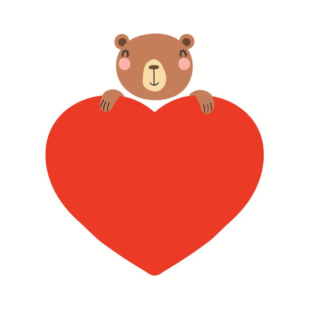 Χαριτωμένη αστεία αρκούδα κρατώντας μια μεγάλη καρδιά, απομονωμένη - Διάνυσμα, εικόνα