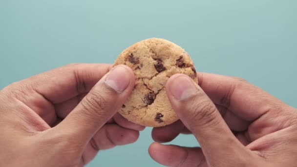 slow motion van het eten van chocolade chip koekjes  - Video