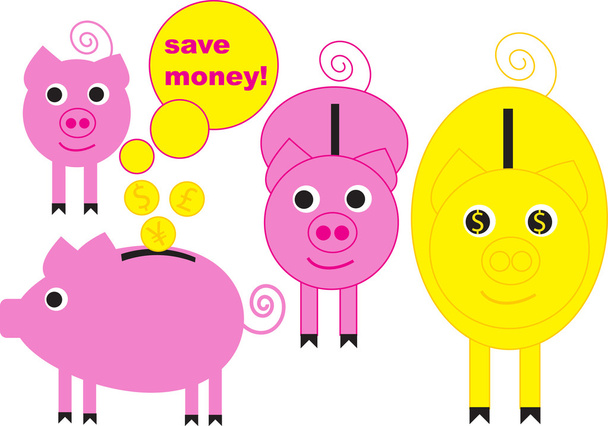 Engraçado desenhos animados rosa e amarelo porquinho bancos
 - Vetor, Imagem