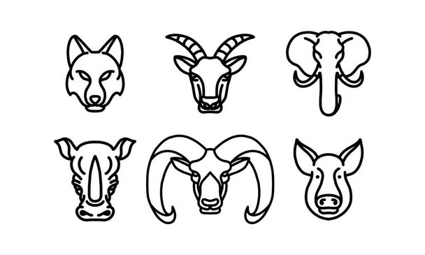 Set van 6 wild dier hoofd, dier vector lijn icoon, dier hoofd vector lijn kunst, geïsoleerde dier illustratie - Vector, afbeelding