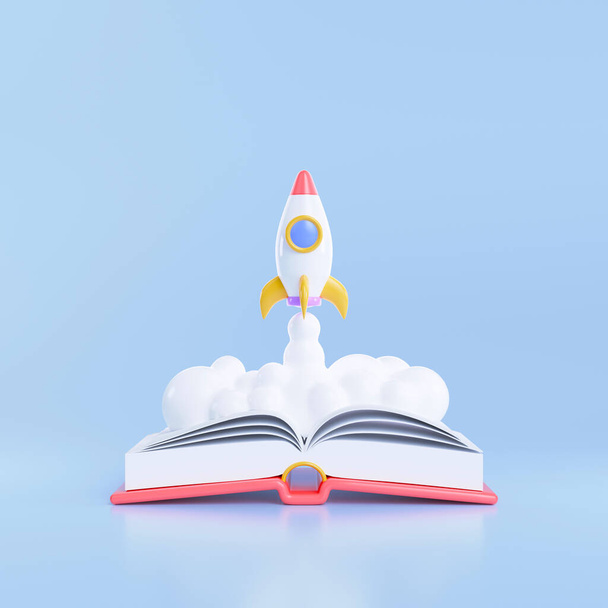 3D Rocket launch on top of a book background, Spaceship icon, education, and back to school concept. 3d render illustration - Φωτογραφία, εικόνα