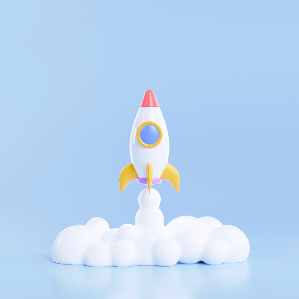 3D Rocket lancering op blauwe achtergrond, Ruimteschip icoon, startup business concept. 3d illustratie weergeven - Foto, afbeelding