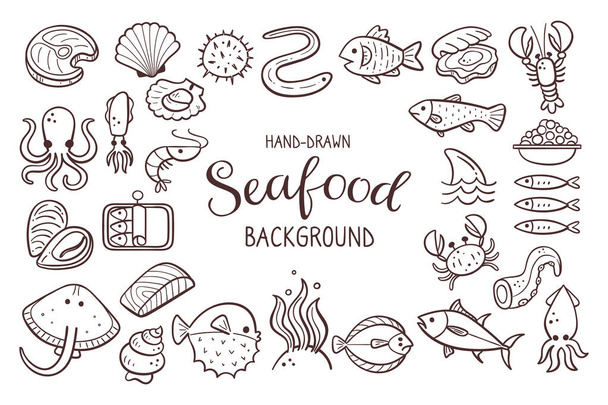 Handgezeichnete Meeresfrüchte Hintergrund. Fisch, Algen und Schalentiere. Lebensmittelzutaten zum Kochen Illustration. Vereinzelte Doodle-Symbole auf weißem Hintergrund. Vektorillustration. - Vektor, Bild