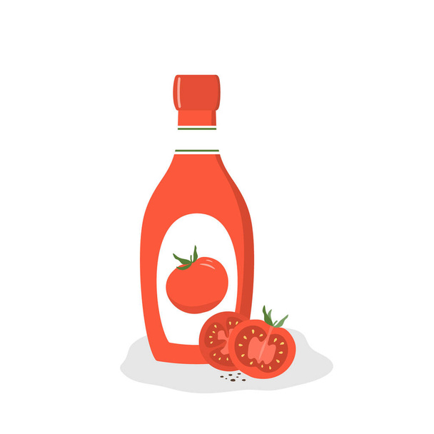 Plochá ilustrace rajčatového kečupu a rajčat. Lahodná farma produkuje omáčku, kuchyni a vaření. Složení s lahví kečupu a zeleniny. Vektorová ilustrace na bílém pozadí. - Vektor, obrázek