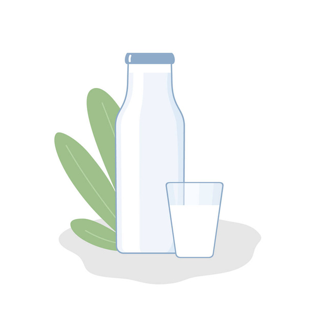 Ilustración plana de productos lácteos en una botella y un vaso. Leche, yogur, kéfir. Granja natural producto útil. Ilustración vectorial sobre fondo blanco. - Vector, Imagen