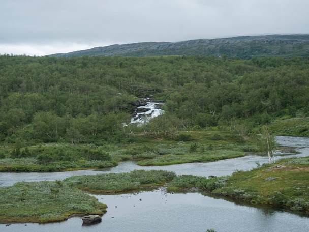 Lapland landscape with river, small waterfall, green mountains, birch trees forest. Sweden summer moody and foggy wild nature, Padjelantaleden hiking trail. - Φωτογραφία, εικόνα