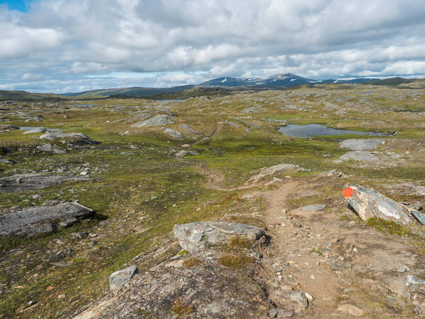 Footpath in northern artic landscape, tundra in Swedish Lapland with green hills, blue lakes and mountains at Padjelantaleden hiking trail. Summer day, blue sky, white clouds - Photo, Image