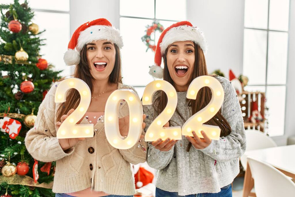 Two women celebrate new year holding 2022 lights standing by christmas tree at home - Foto, afbeelding