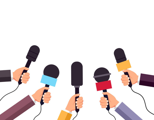 Hands holding microphones. News, interview, television broadcast, reporter conept. Banner of paparazzi, journalism, press conference. vector illustration - Vector, Image