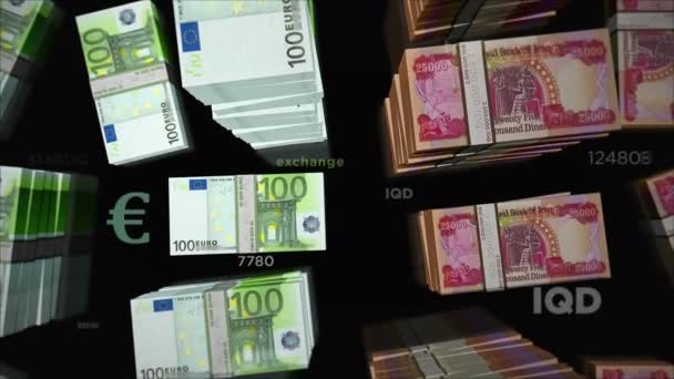 Euro ve Irak Dinar para değişimi. Kağıt banknotlar tomar tomar. Ticaret, ekonomi, rekabet, kriz, bankacılık ve finans kavramı. Döngüsüz 3D canlandırma notaları. - Video, Çekim