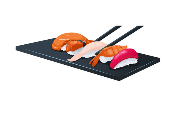  Sushi Sashimi na czarnej tacy - Wektor, obraz