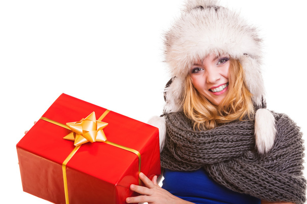 Winter girl with red gift box - Фото, зображення