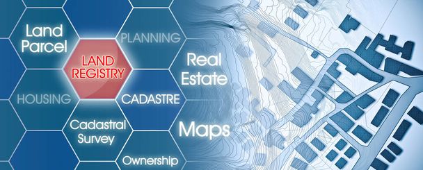 Mapa catastral imaginario del territorio con edificios, carreteras y parcela de tierra - ilustración conceptual con texto del Registro de la Propiedad - Foto, imagen
