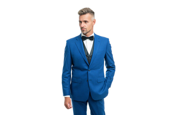 grizzled man in bow tie blue suit. businessman isolated on white. gentleman in formal wear - Фото, зображення