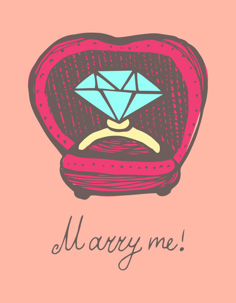 Diamanten ring in een doos. Handgetekende kleurenillustratie. Vector. - Vector, afbeelding
