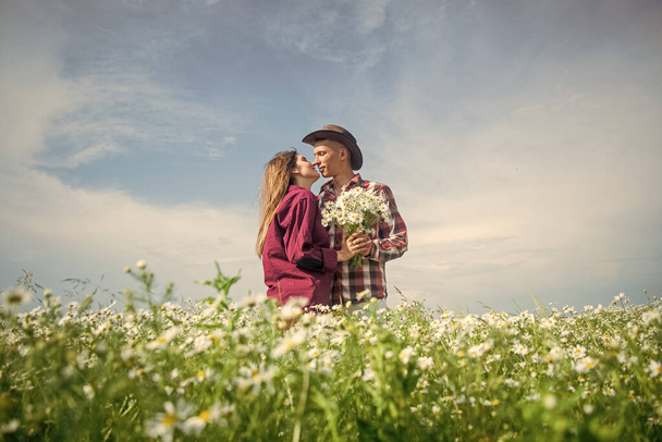 Sunshine portrait of happy couple outdoor in nature location at sunset, Warm summertime - Fotoğraf, Görsel