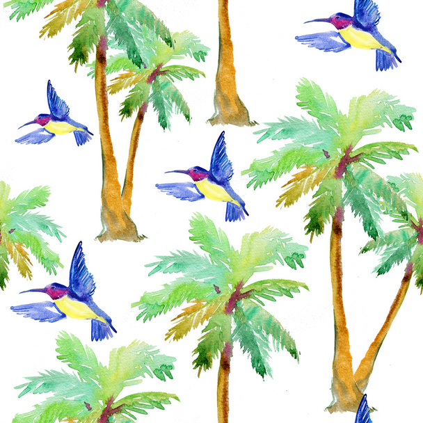 Watercolor palm trees and exotic bird - Photo, Image