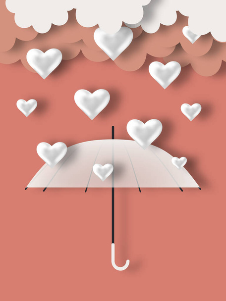 Clouds, silver hearts and a white paper-cut style umbrella on a pink background. Concept of loving weather forecast for the winter month of February. Vertical romantic banner for Valentine's Day. - Valokuva, kuva