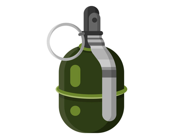 Single combat unexploded green military metal hand grenade with pin. Concept of terrorism and war with the use of military arms for soldiers. Vector cartoon isolated illustration. - Vector, Image