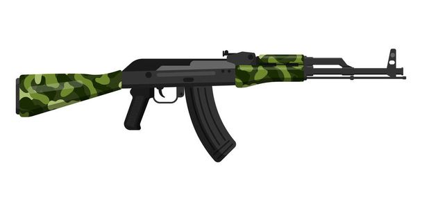 Russian green olive khaki camouflage AK 47 Kalashnikov assault rifle with butt. Concept of terrorism and war with the use of military firearms for soldiers. Vector cartoon isolated illustration. - Vetor, Imagem