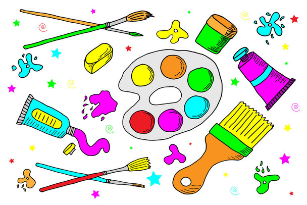 Collection of painting and drawing tools doodle vector color - Vektor, obrázek