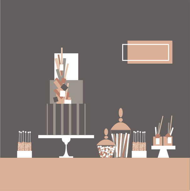 Rosafarbener Desserttisch mit Kuchen. Hochzeitsschokoriegel. Vektorillustration. - Vektor, Bild