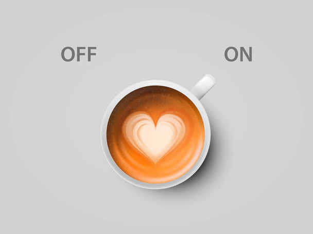 Vector 3d Realistic Off, On Switch with Cappuccino, Latte Coffee in White Ceramic, Porcelain Coffee Mug on Whitek. Икона кофейного кубка. Концепция креативного баннера с кофейным кубком. Дизайн шаблона. Вид сверху - Вектор,изображение