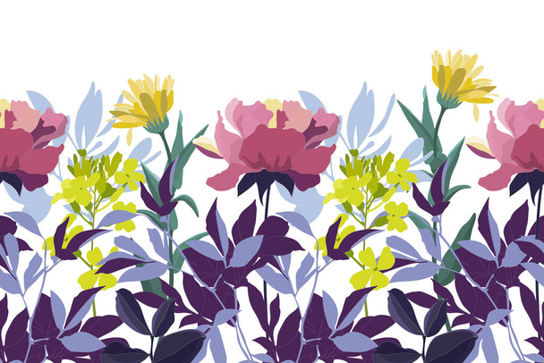 Vector floral seamless pattern, border. Horizontal panoramic design with yellow and pink flowers. - ベクター画像