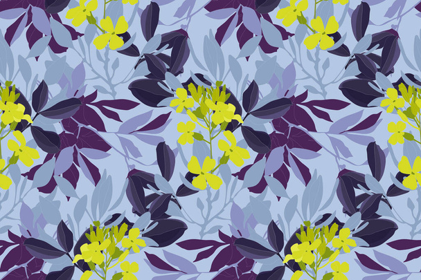 Vector floral seamless pattern. Yellow flowers and purple leaves on a blue background. - Vektor, Bild