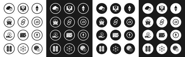 Set Kryptowährungsmünze Ethereum ETH, Kettenglieder, Warenkorb mit Bitcoin, Cloud Mining, Dash, Monitor und, und Hand hält Bitcoin-Symbol. Vektor - Vektor, Bild