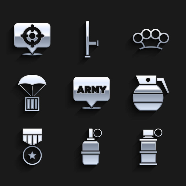 Set Military army, Hand grenade, smoke, reward medal, Airdrop box, Brass knuckles and Target sport icon. Vector - Vector, Image