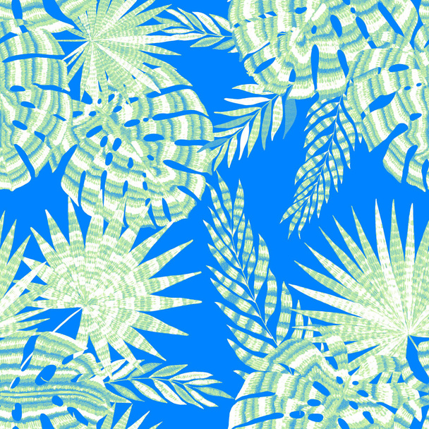 Modern abstract seamless pattern with creative colorful tropical leaves. Retro bright summer background. Jungle foliage illustration. Swimwear botanical design. Vintage exotic print. - Foto, Imagem