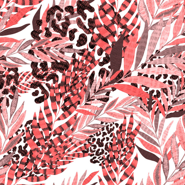 創造的なカラフルな熱帯の葉やヒョウのスポットと現代抽象的なシームレスなパターン。レトロな明るい夏の背景。ジャングルの葉のイラスト。水着植物デザイン。ヴィンテージエキゾチックな｜print. - 写真・画像