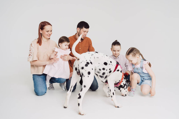 Perhe leikkii dalmatialaisen koiran kanssa valkoisella taustalla - Valokuva, kuva