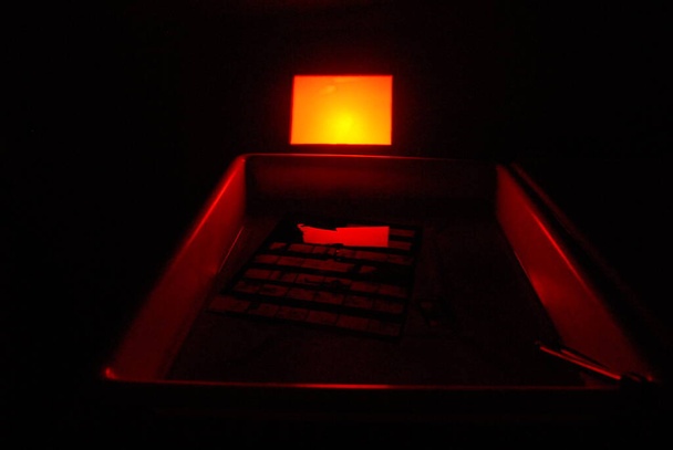 Photos en cours de traitement en solution développeur dans une pièce sombre avec lumière infrarouge - Photo, image