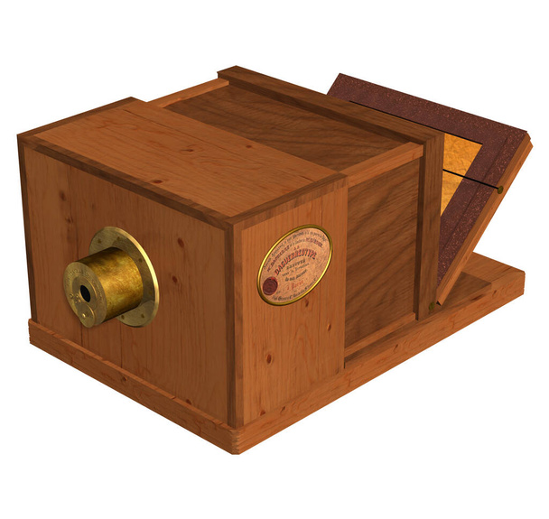 3D Illustratie van een Daguerreotype Camera, uitgevonden in 1839 door de Franse Genius Louis-Jacques-Mand Daguerre; met houten behuizing, metalen componenten, lens, kristallen en in staat om beelden vast te leggen. - Foto, afbeelding