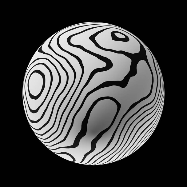 Sphere with a trendy abstract pattern on a clean black background. Realistic illustration 3D render. - Zdjęcie, obraz