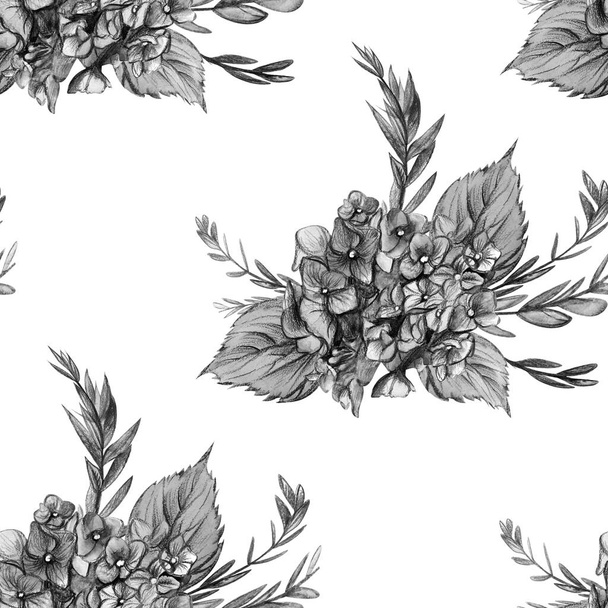 Schwarzweißes einfarbiges Muster mit Hortensien auf weißem Hintergrund gezeichnet - Foto, Bild