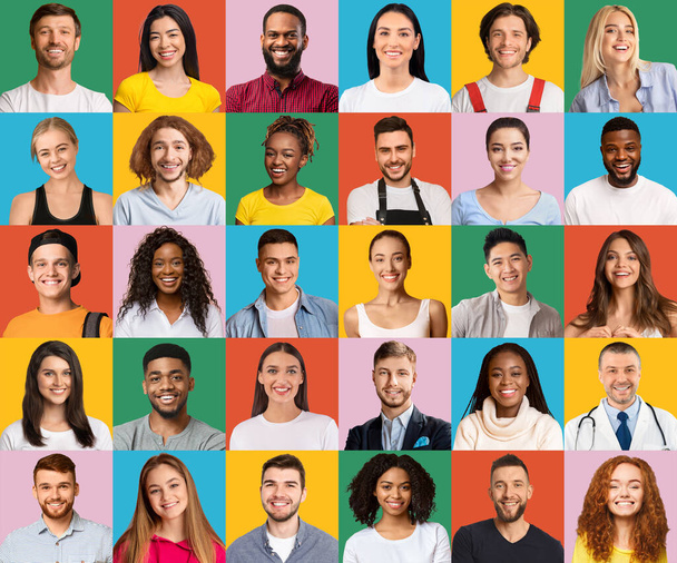 Happy Millennial People. Set Of Smiling Young Multiethnic Humans Over Colorful Backgrounds - Foto, Imagen