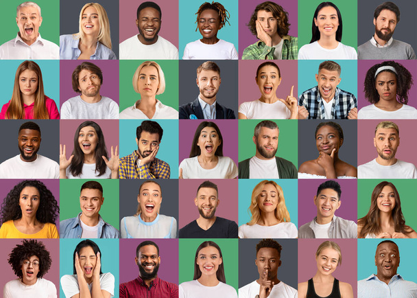 Portraits d'hommes et de femmes multiraciaux posant, montrant des émotions différentes, regardant la caméra sur des fonds colorés - Photo, image