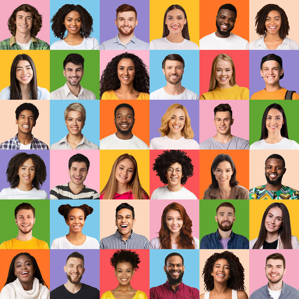 Portraits collage. Bright set of different multiracial people faces on colorful backgrounds - Foto, Imagen