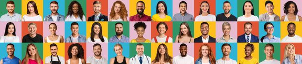 Headshots Of Diverse Happy Multicultural People Posing Over Colorful Backgrounds, Creative Collage - 写真・画像