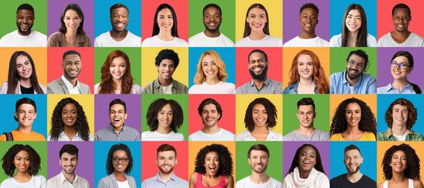 Positive Emotionen setzen ein. Collage aus multirassischen Millennials-Porträts auf verschiedenen farbenfrohen Studiohintergründen - Foto, Bild