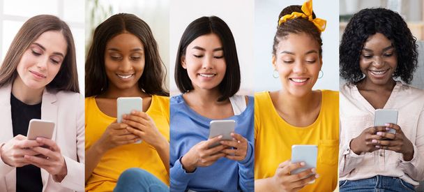 Collection of multiracial millennial ladies using mobile phones, panorama - Foto, Imagen