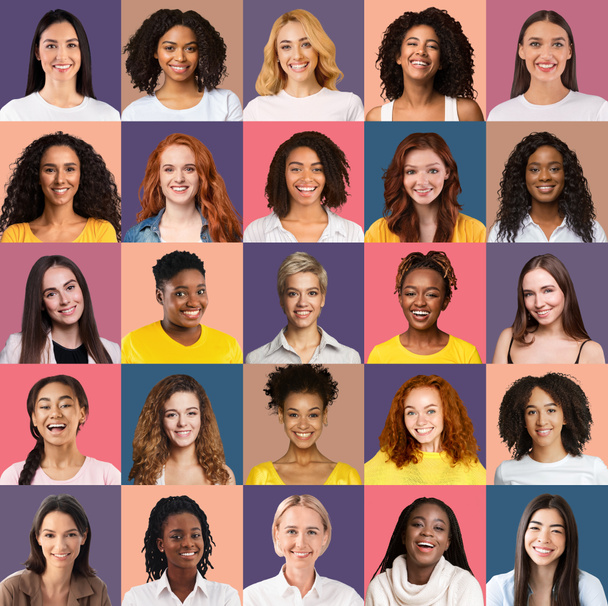Diverses femmes heureuses de différentes coiffures et regards portraits, souriant sur divers arrière-plan - Photo, image