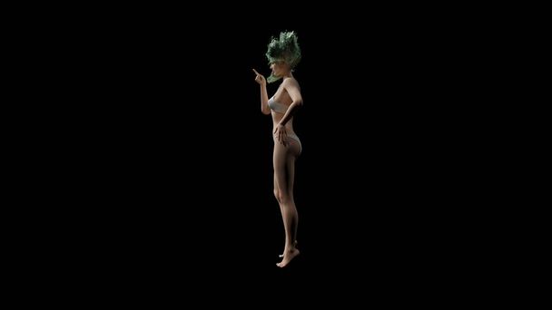 joven hermosa mujer con una figura deportiva con pelo verde posa bajo la luz y sobre un fondo oscuro en lencería Ilustración 3D - Foto, Imagen